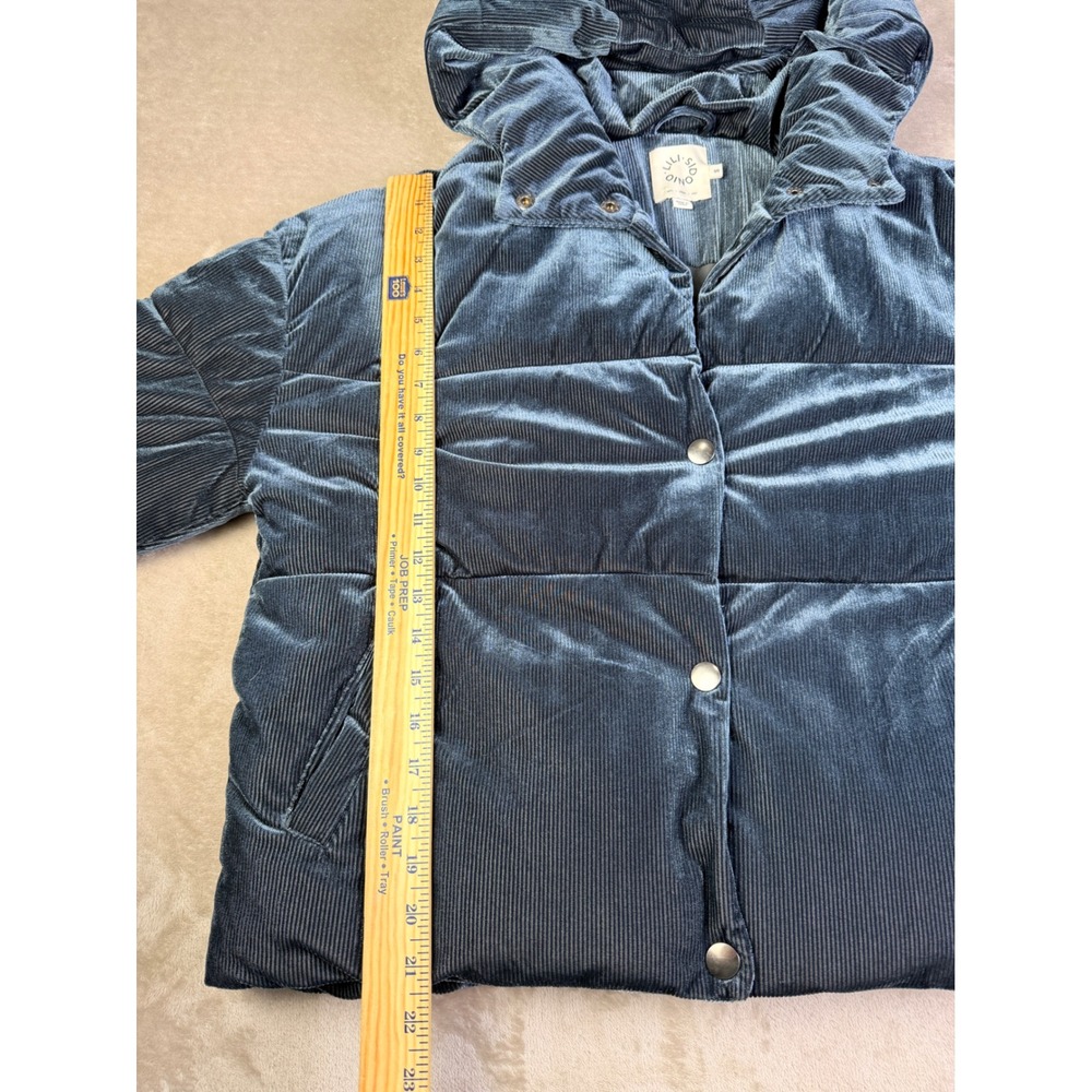 Lili Sidonio Womens Velvet Corduroy Puffer Jacket Small Blue Hooded Quilted Coat - Picture 9 of 12